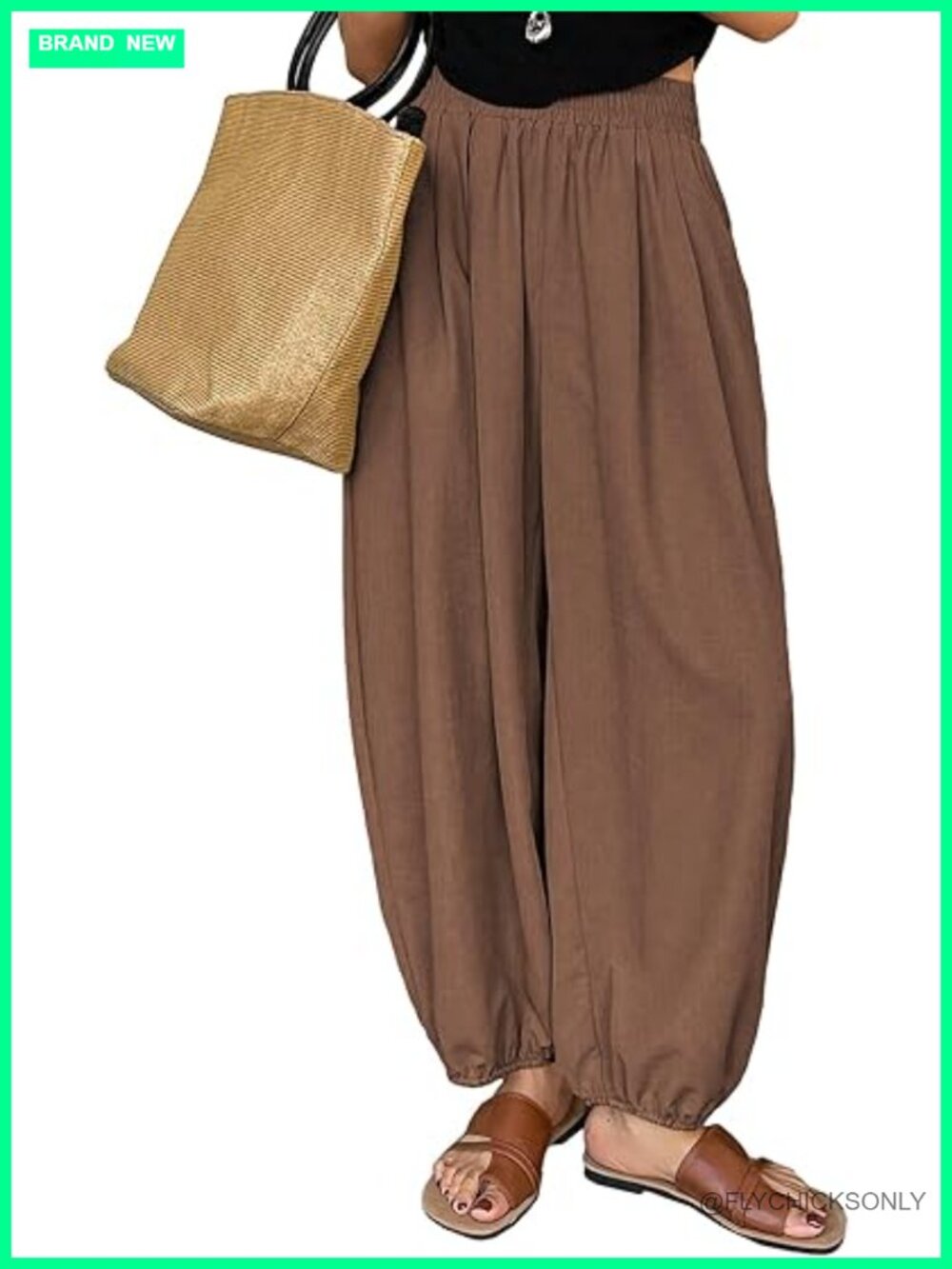 Brown Wide Leg Elastic Hem Pants - Women's Casual Comfort
